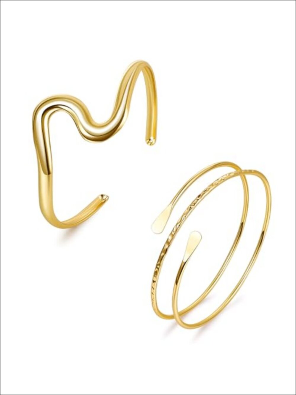 2Pc Gold Upper Arm Cuff Set Adjustable Open Coil Bangle Minimalist Armlets